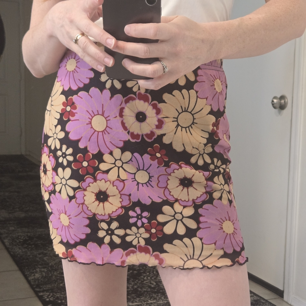 Shein Small Retro Floral Mini Skirt 70s Print Black Purple Lined Y2K Festival